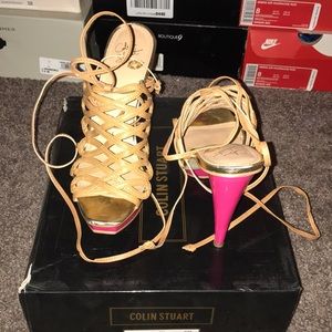 Pink and tan lace up sandal